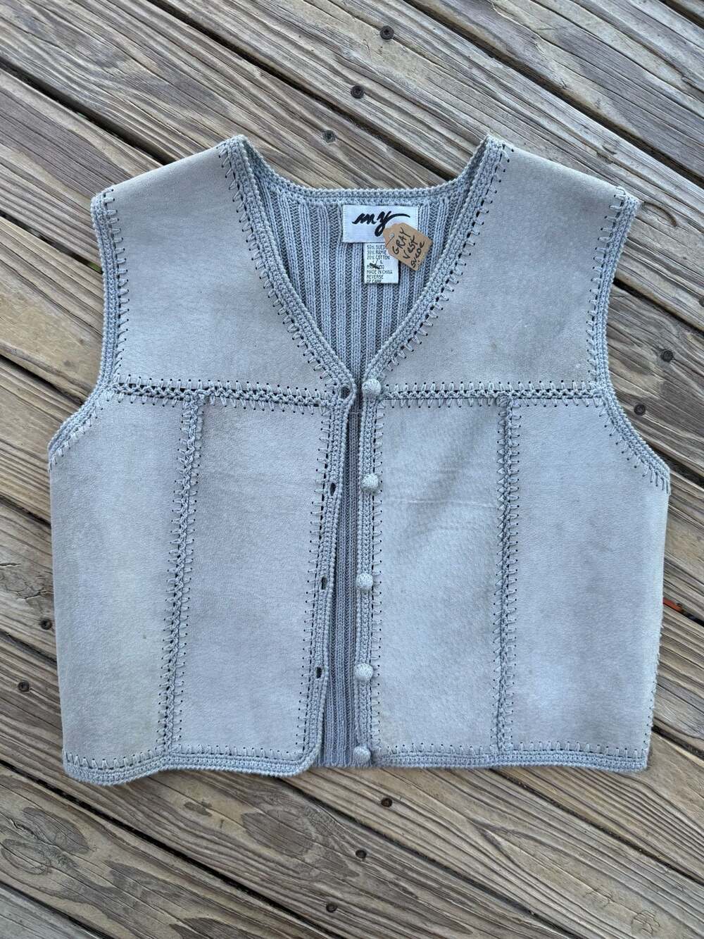 Vintage MY Gray Suede Crochet Knit Trim Button Up Vest Size Large